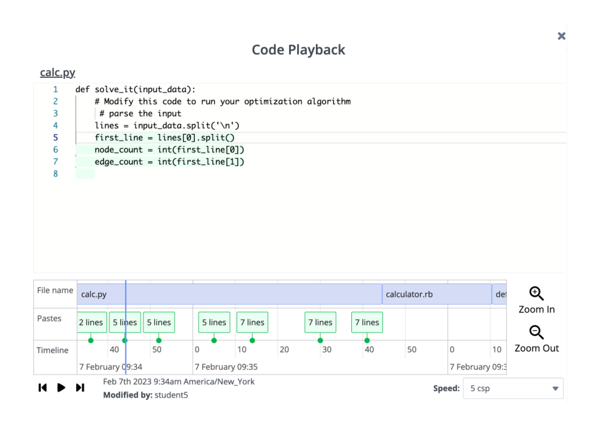 Code playback with code changes on top and a timeline underneath with file name and pastes indicated