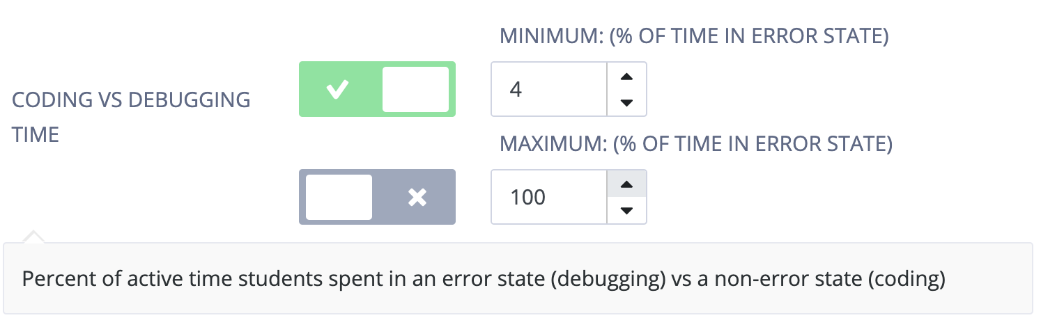 Toggle to enable/disable minimum and maximum thresholds on coding vs debugging time and enter the threshold value as a percent.