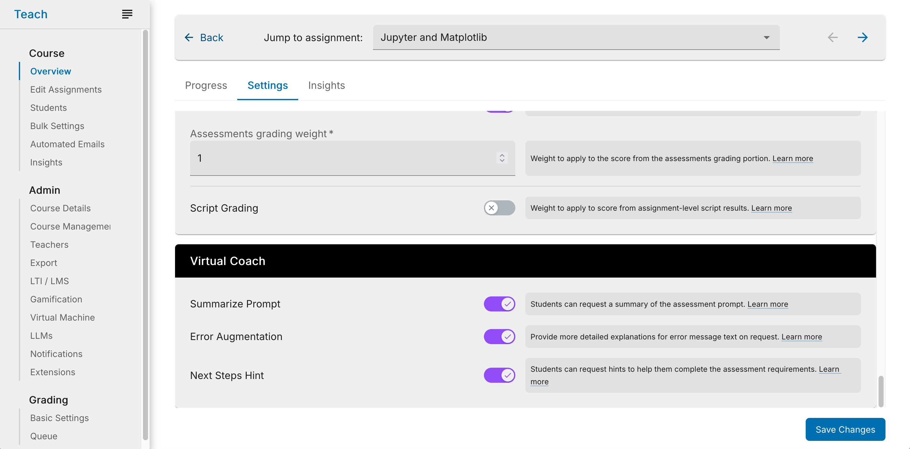 Assignment settings for Virtual Coach