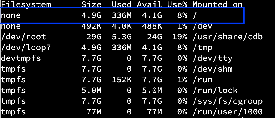 A view of how much disk space is available in your Codio box