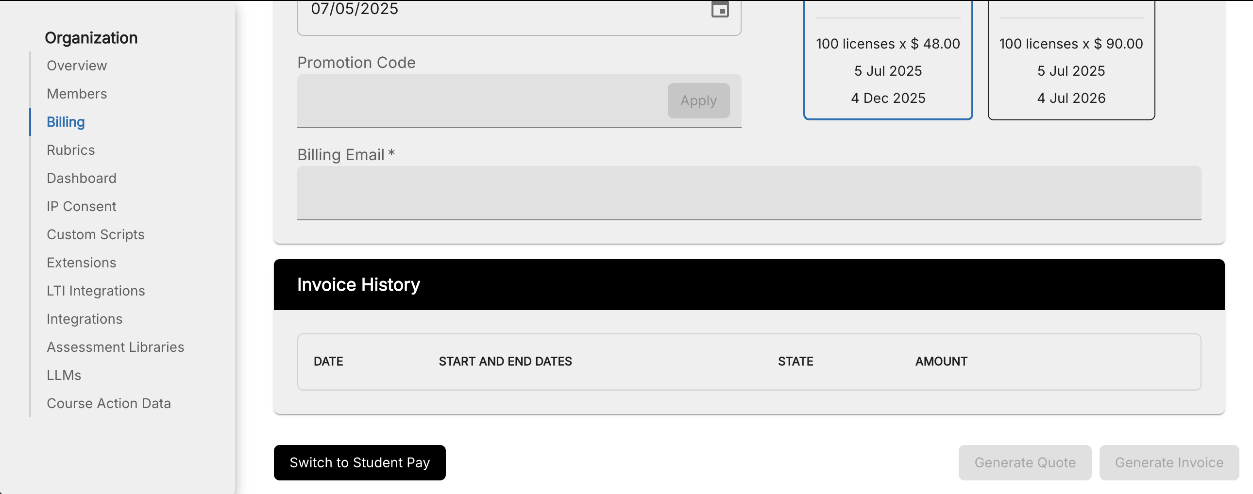 List of past invoiced