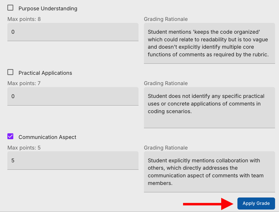 llm Free Text Assessment grading window