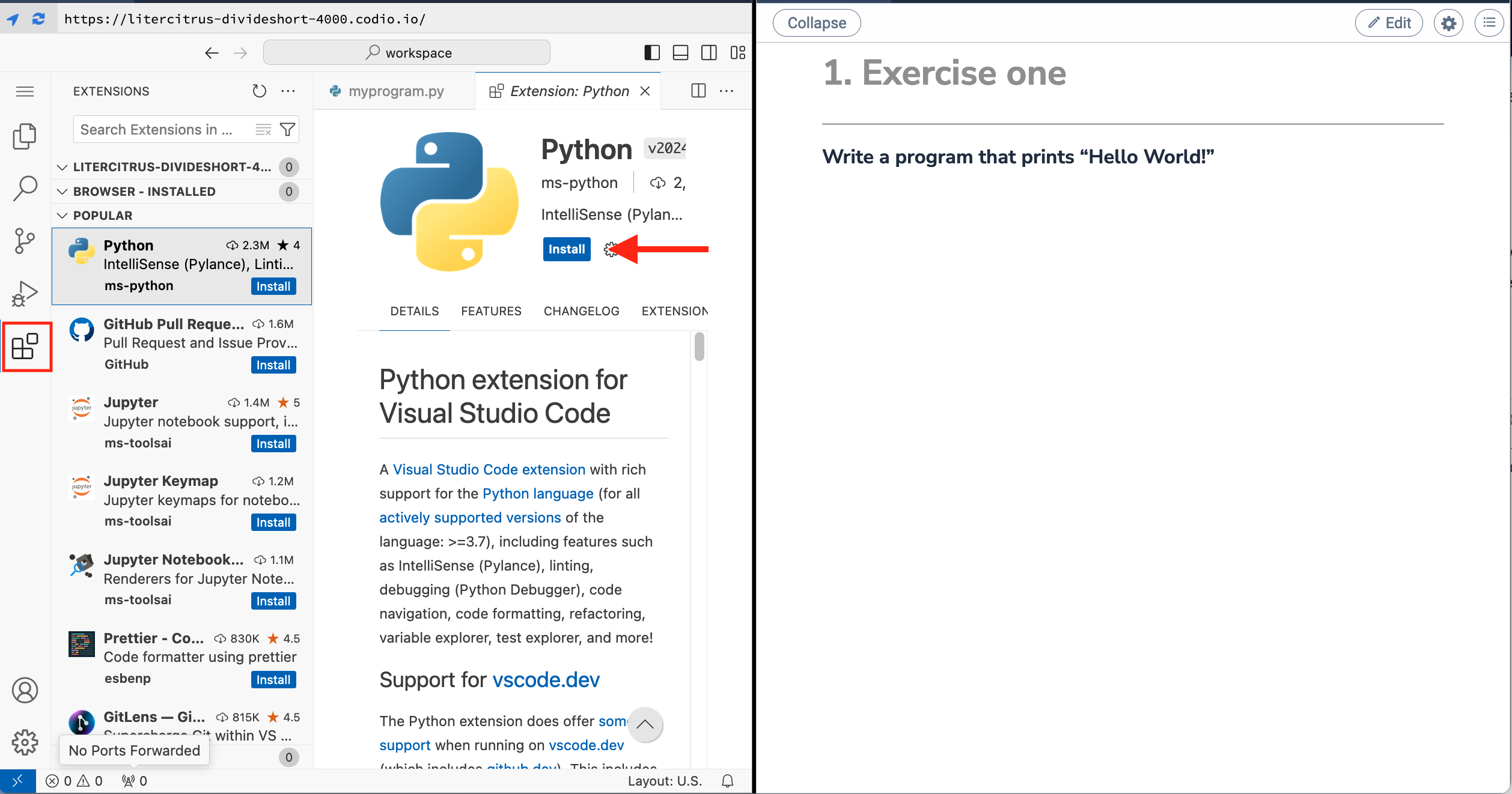Selecting the Python language extension from the Extension tab in VSCode.
