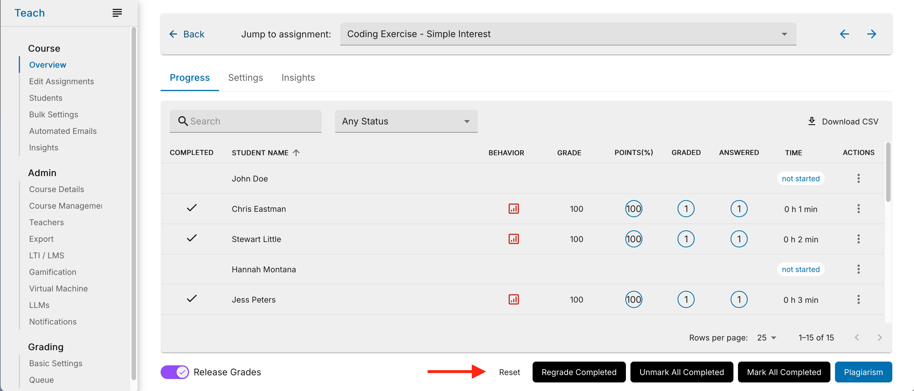 Reset Assignment for all students