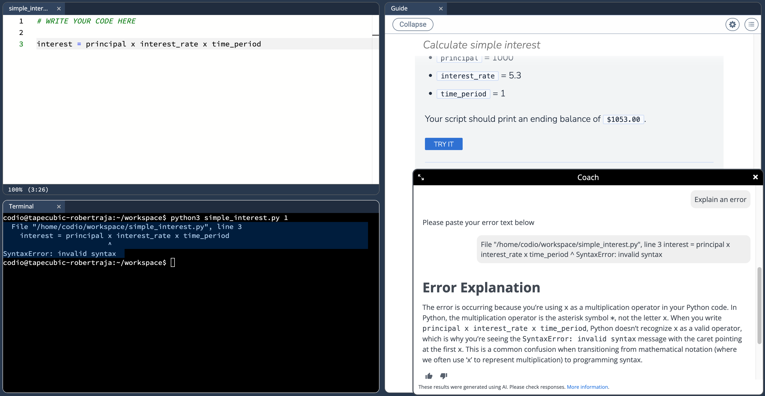 The student view of an error explanation in Virtual Coach