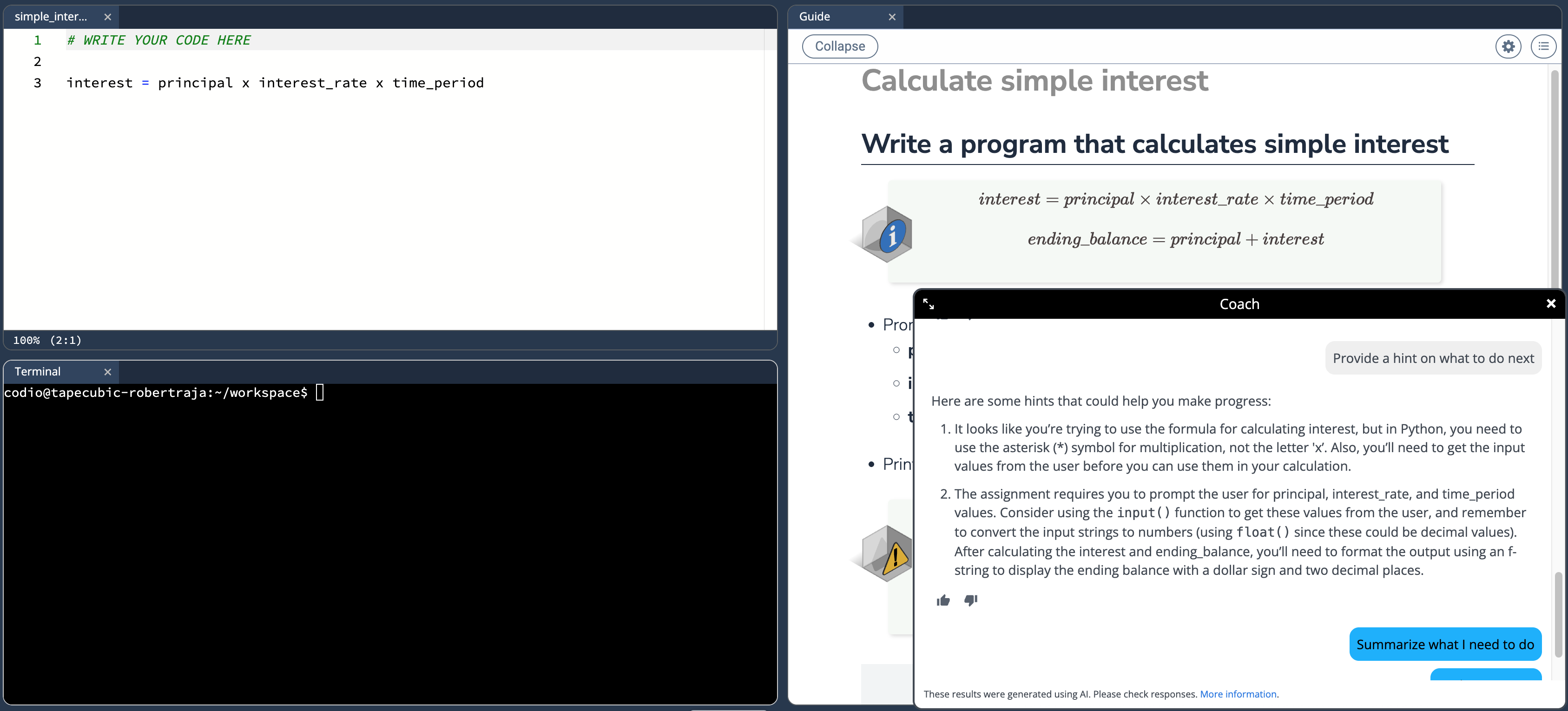 The student view of next steps hints in Virtual Coach