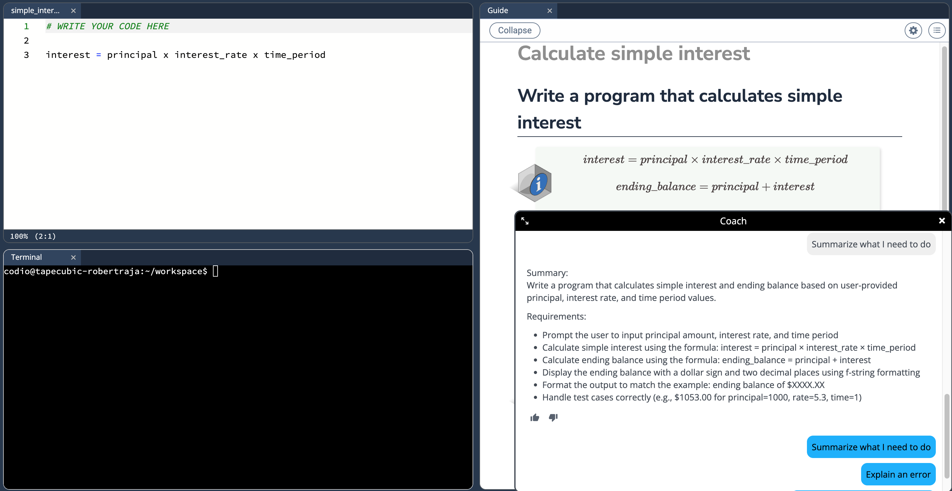 The student view of an assignment summary in Virtual Coach