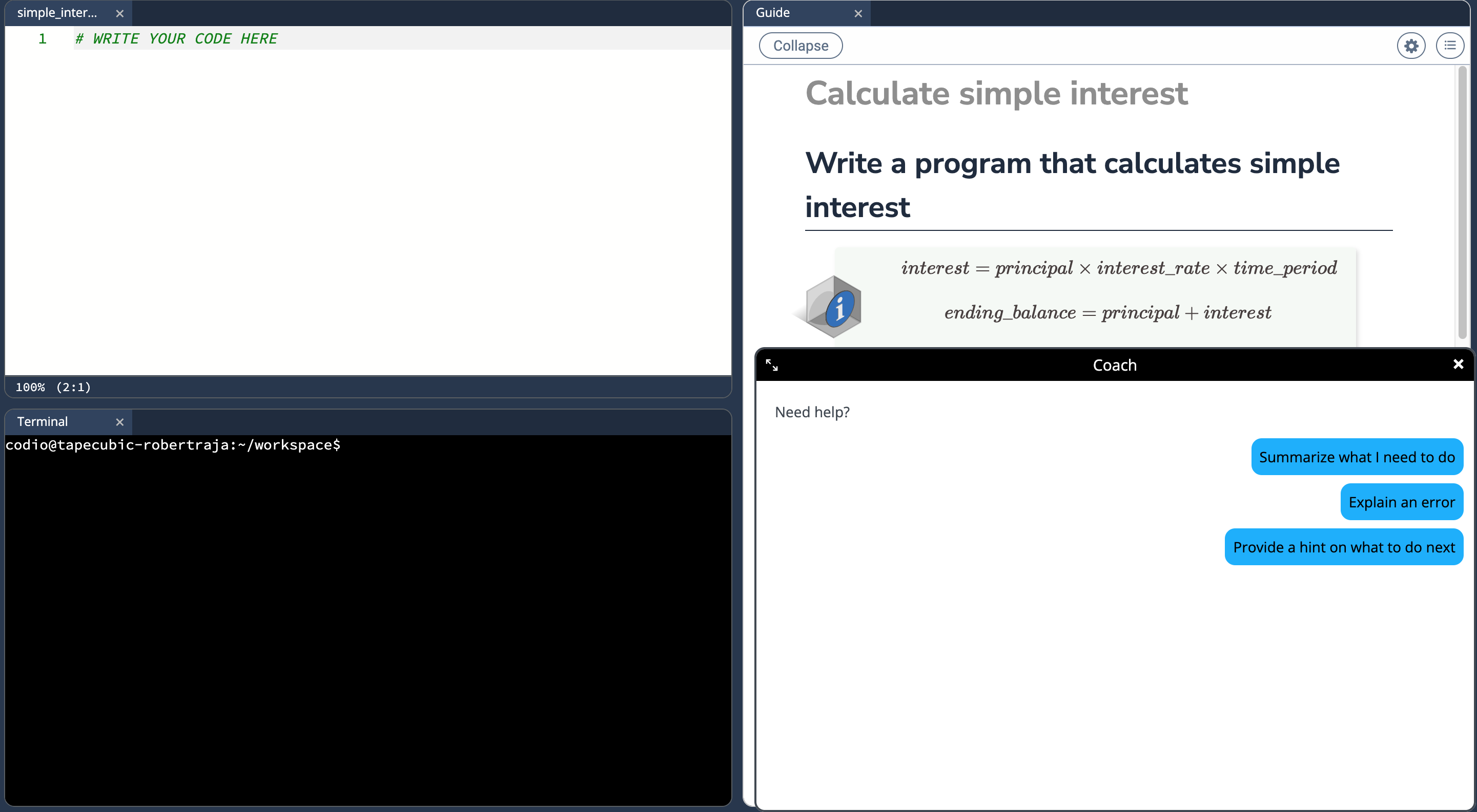 The student view of Virtual Coach